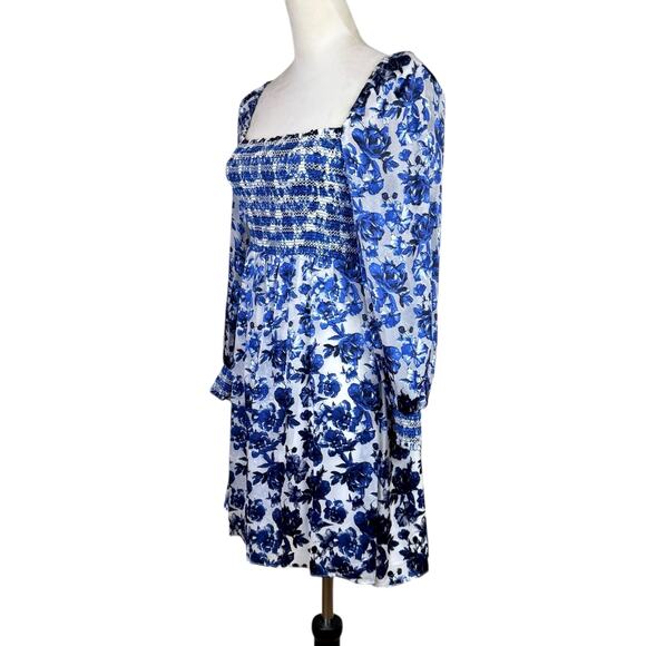Alice + Olivia Cooper Antique Blue Floral Silk Blend Smocked Dainty Mini Dress - Picture 3 of 13